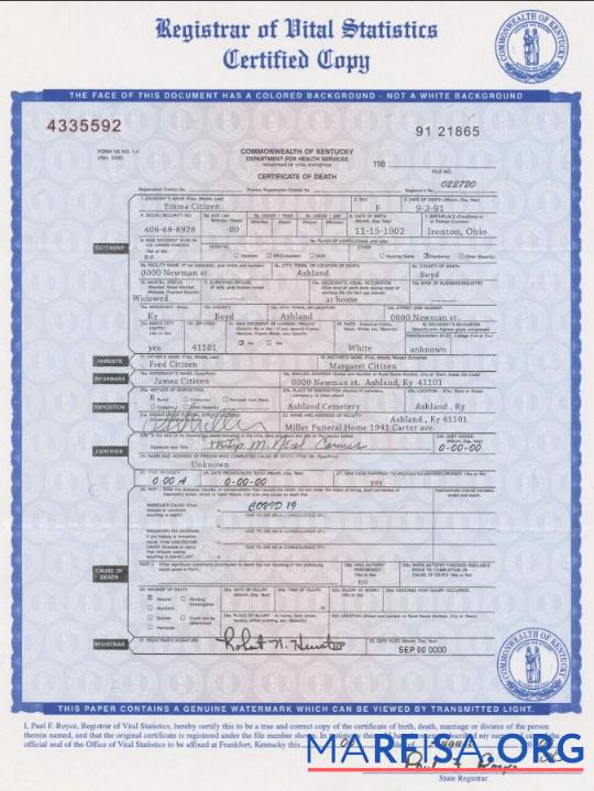 Printable USA Kentucky state death certificate template in PSD format